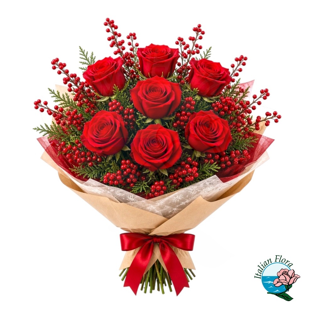Bouquet di rose rosse e bacche natalizie Bouquet di rose rosse e bacche natalizie