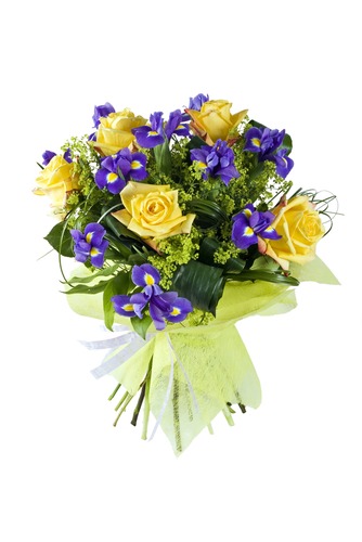 Bouquet di rose gialle e iris blu