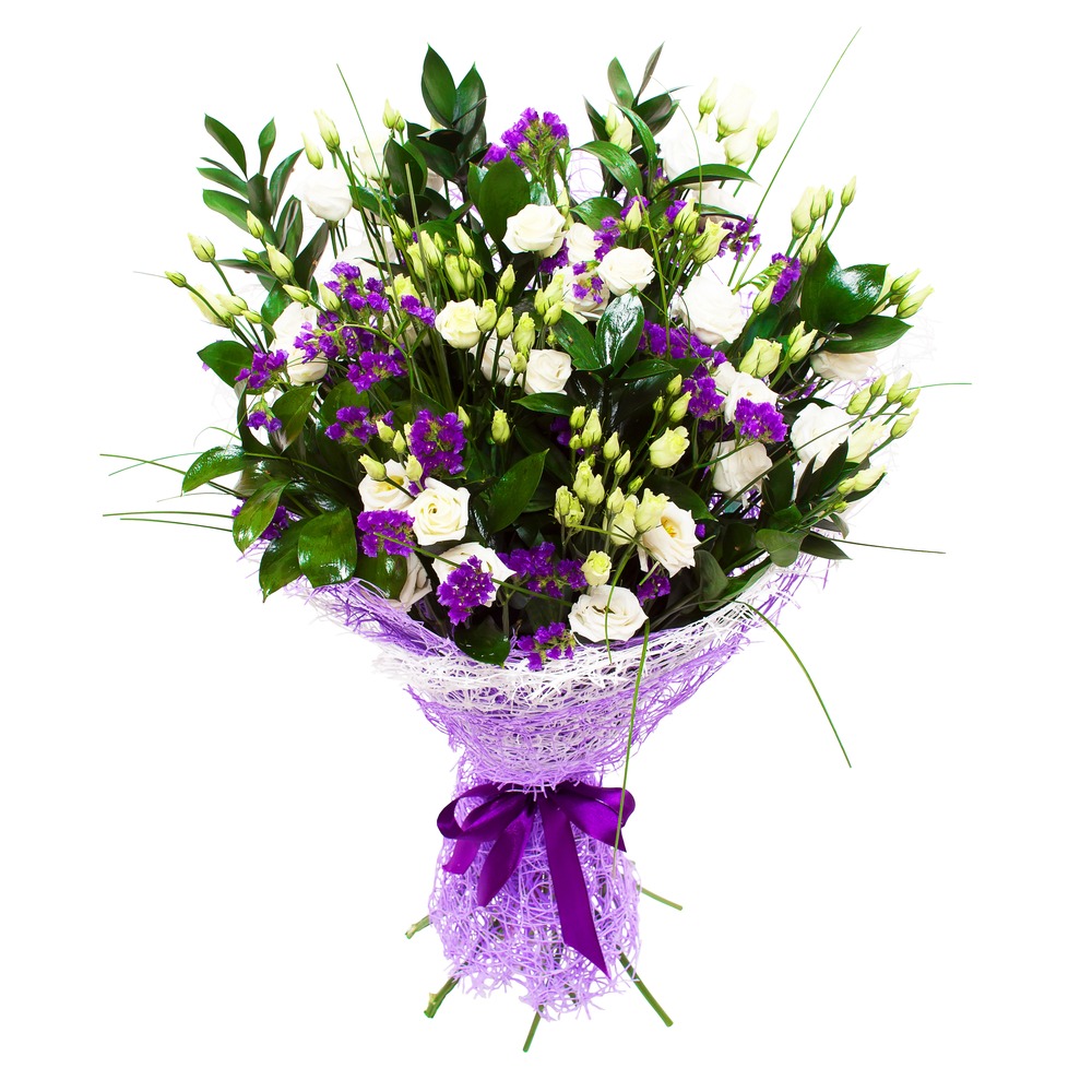 Mazzo funebre di fiori bianchi e viola