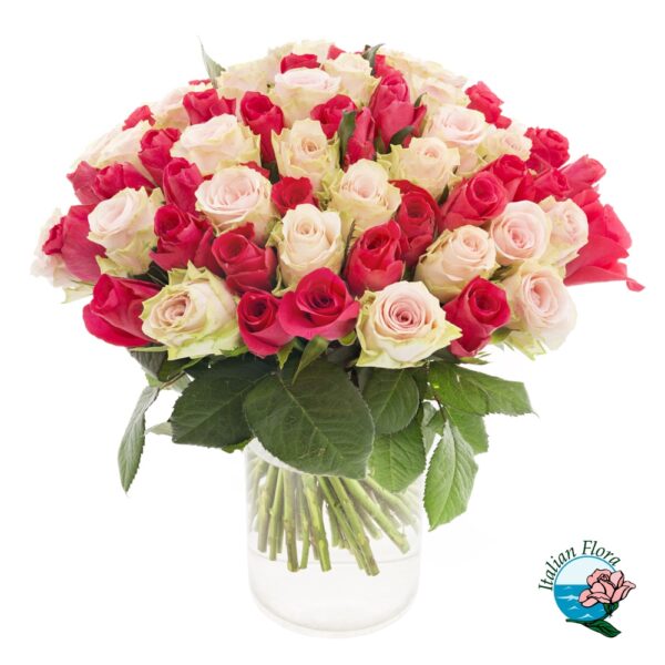 Mazzo di 24 rose rosse rosa e bianche