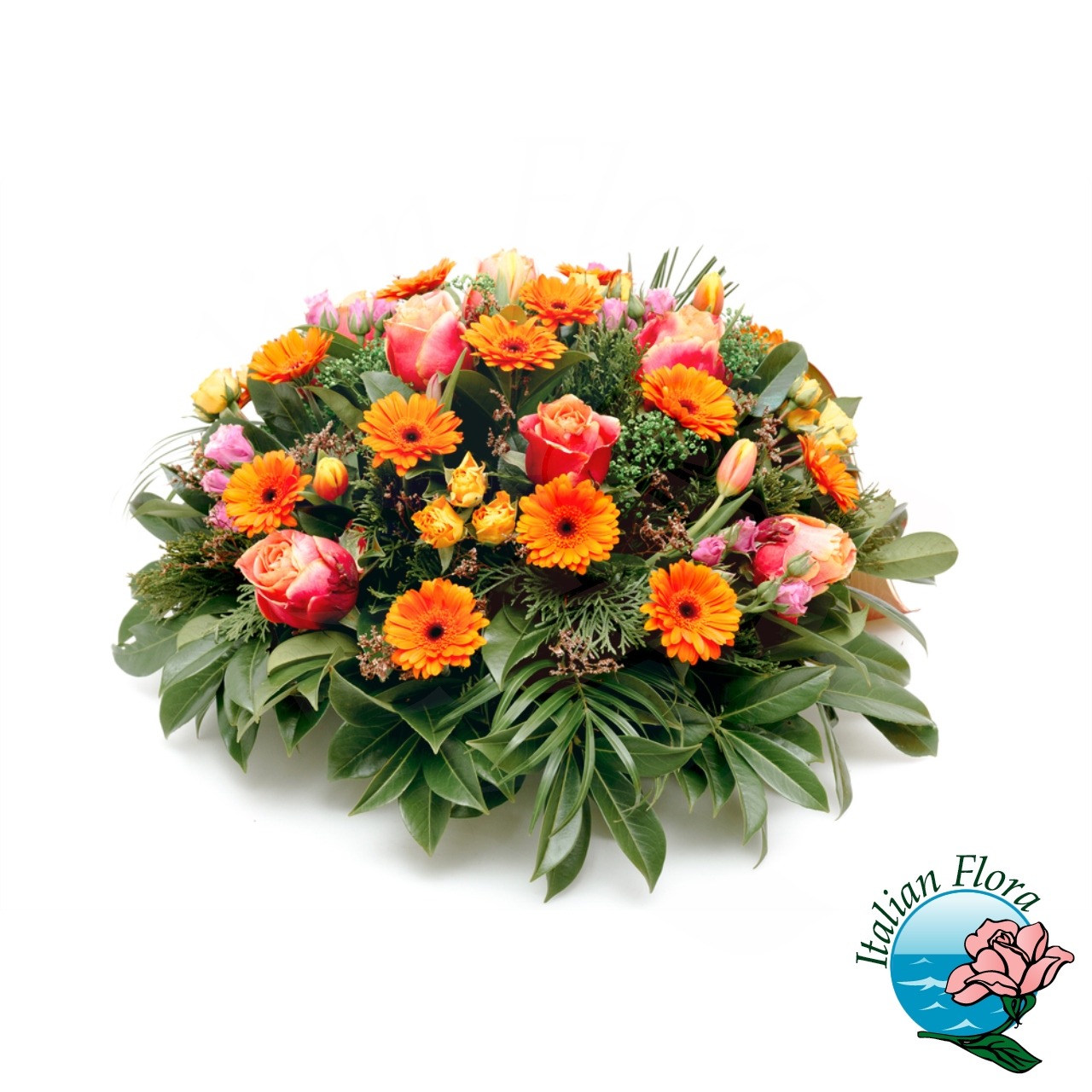 Composizione funebre di fiori arancio