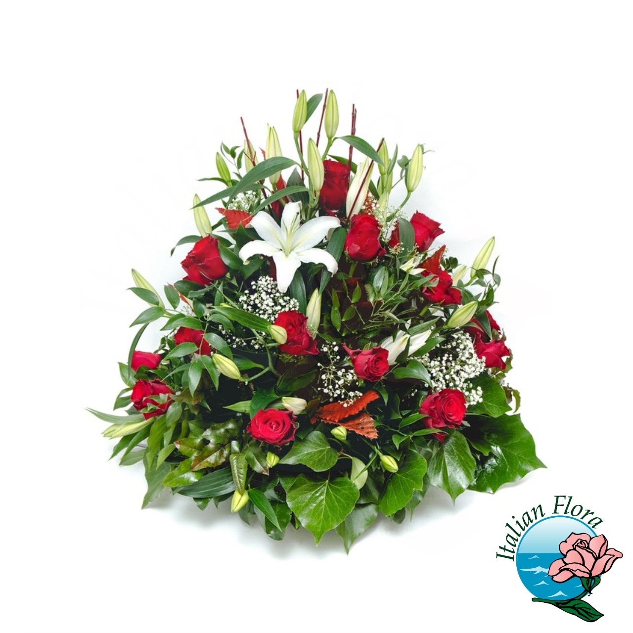 Cuscino funebre di lilium bianchi e rose rosse