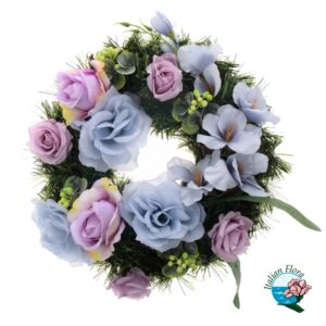Corona funebre con fiori viola e blu