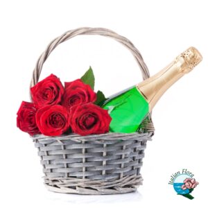 Cesto di rose rosse e spumante