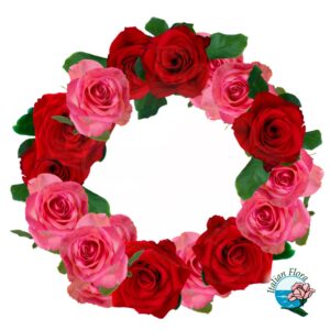 Corona funebre di rose rosse e rosa