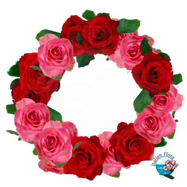 Corona funebre di rose rosse e rosa
