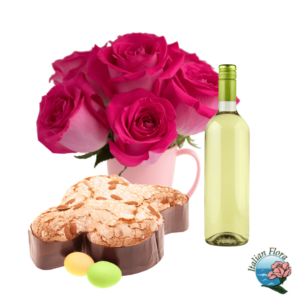 Bouquet di rose fuxia con colomba pasquale e bottiglia di vino bianco