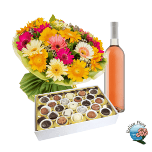 Bouquet di gerbere colorate con cioccolatini e bottiglia di vino rosato
