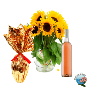 Bouquet di girasoli con uovo di pasqua con carta dorata e vino rosato