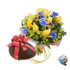 Bouquet di tulipani gialli con uovo pasquale