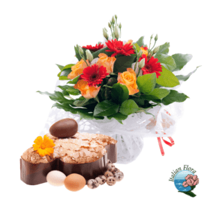 Bouquet giallo e rosso con colomba pasquale