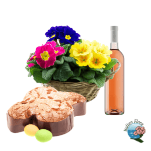 Cestino di piante fiorite con vino rosato e colomba pasquale