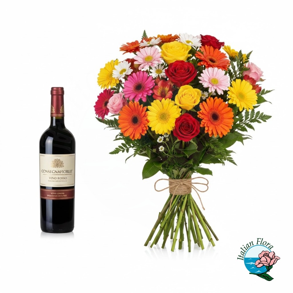 Bouquet misto colorato con bottiglia di vino rosso Bouquet misto colorato con bottiglia di vino rosso