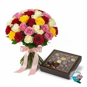 Bouquet di rose colorate con scatola di cioccolatini