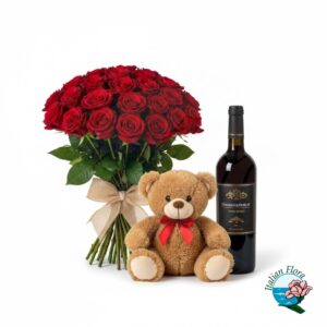 Mazzo di rose rosse con orsetto e vino rosso