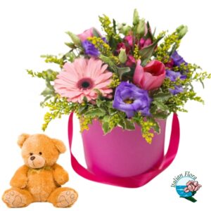 Bouquet di fiori misti colorati con Orso di peluche
