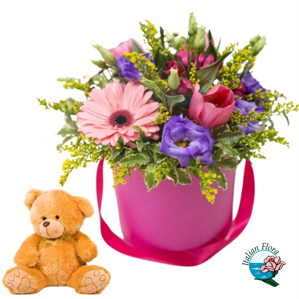 Bouquet di fiori misti colorati con Orso di peluche Bouquet di fiori misti colorati con Orso di peluche