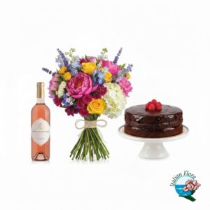Bouquet colorato con torta al cioccolato e vino