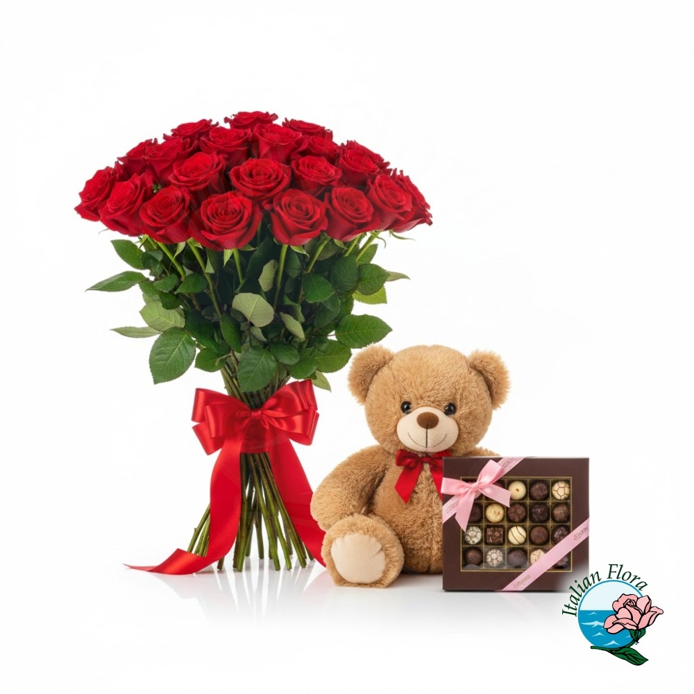 Mazzo di rose rosse con orsetto e cioccolatini Mazzo di rose rosse con orsetto e cioccolatini