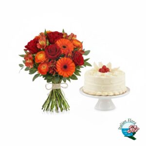 Bouquet rosso e arancio con torta alla crema